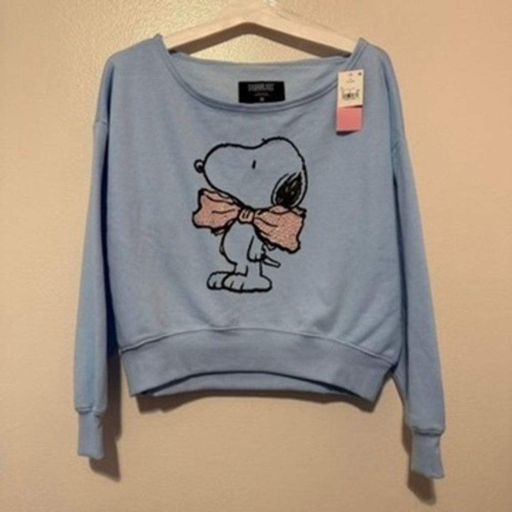 Peanuts Snoopy Rhinestone Bow Cropped Sweatshirt Light Blue XS